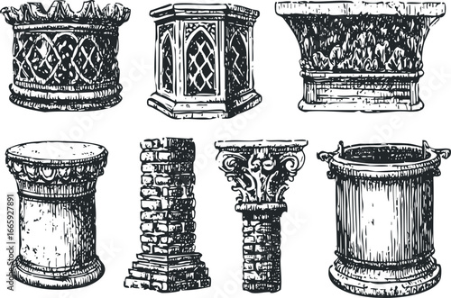 Collection of Architectural Column Capitals and Bases in Sketch Style