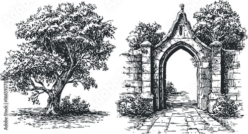 Sketch of ornate stone archway entrance with pathway and leafy tree