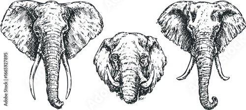 Three detailed black and white sketch portraits of elephant heads with tusks and large ears
