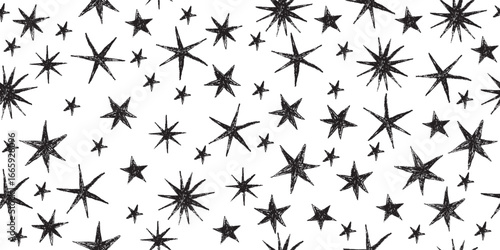 Seamless pattern of black hand drawn stars with rough pencil texture on white background. Abstract doodle star shapes repeating design. Vector hand drawn illustration. Design for wallpaper, textile