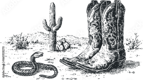 Western Desert Scene With Cowboy Boots, Saguaro Cactus and Rattlesnake