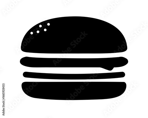 Graphic monochrome image of a hamburger with bun, meat, and toppings