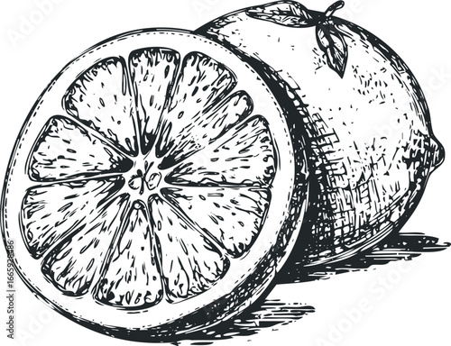 Black and white sketch of a whole citrus fruit and a cross-section slice