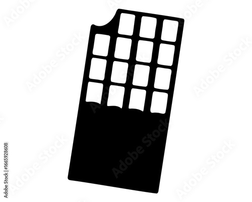 Black silhouette of chocolate bar with sixteen squares and a bite taken