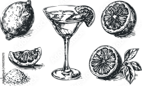 Detailed linocut style drawing of citrus fruit and cocktail