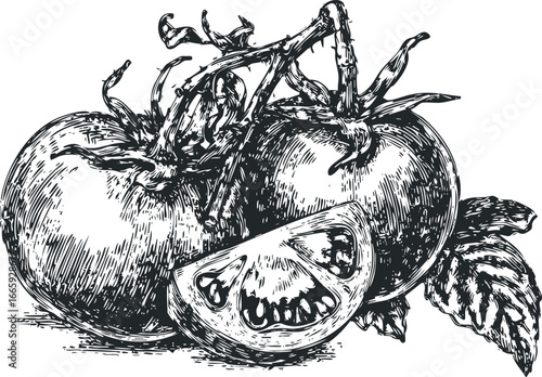 Vintage style engraving of ripe tomatoes on the vine with a slice