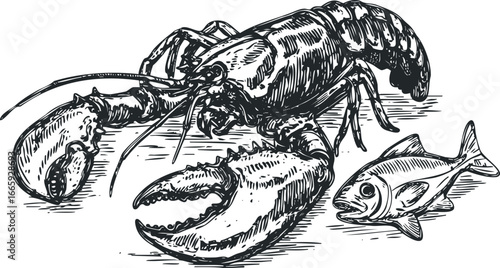 Detailed engraving of a large lobster and a small fish