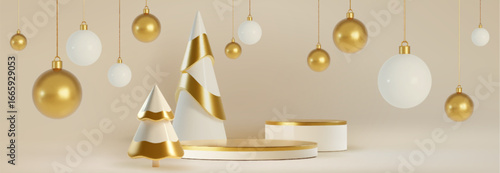 White and gold xmas display with hanging baubles - 3d scene with cone trees, layered podium platforms, glossy ornaments above. Elegant holiday product showcase setup for luxury seasonal presentation