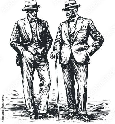 Two gentlemen in suits and hats standing with canes and hands in pockets
