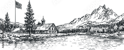 Rustic lakeside cabin with American flag and mountain backdrop