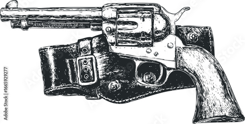 Old Western Revolver in Leather Holster Sketch