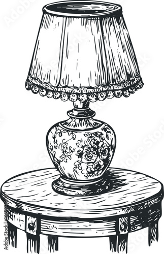 Ornate Table Lamp with Floral Design on a Wooden Table Sketch