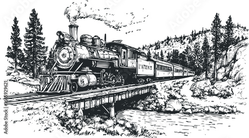 Vintage steam locomotive crosses a wooden trestle bridge in a mountainous forest landscape