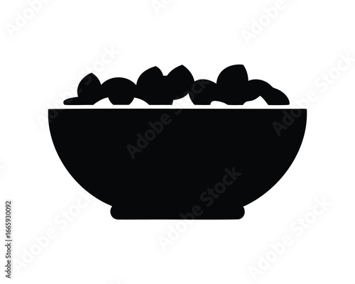 Black silhouette of bowl filled with food items on a white background