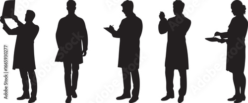 Medical professionals in silhouette performing various tasks in a healthcare setting