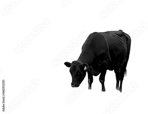 Black angus cow grazing in a field, isolated on transparent background
