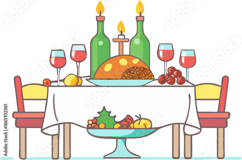 Festive christmas dinner table with turkey wine and candles isolated on white background isolated on transparent background