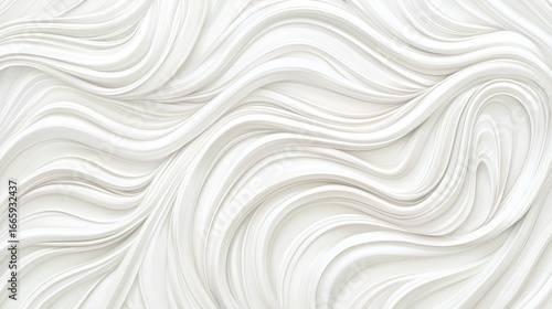 A white abstract design with swirling lines and curves.