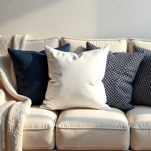 Pillow mockup a cream sofa adorned with a cozy blanket and an assortment of decorative pillows in various shades of blue