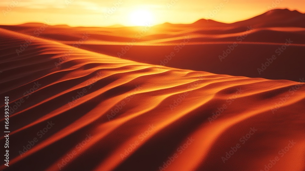 Naklejka premium Close-up of sand ripples on desert dunes at sunset—3D animation aesthetic, orange/red hues for warm atmosphere, sunlight casts long shadows on undulating landscape