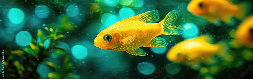 Fototapeta premium A vibrant underwater scene showcasing glowing yellow fish swimming among shimmering bubbles and lush greenery.