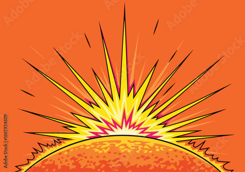 A dynamic pop art illustration of a solar flare. Jagged, explosive rays of yellow and magenta burst from the sun's surface, radiating immense energy and heat against a fiery orange sky.