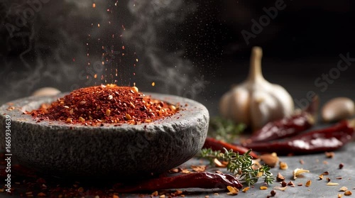 Close up vibrant red paprika spice sprinkled from wooden spoon into stone mortar with garlic herbs and dried chili peppers showing rustic organic cooking ingredients and culinary seasoning backgroud