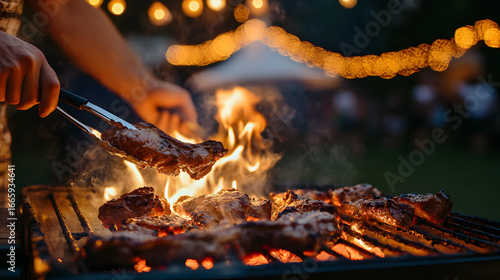 Meat on an outdoor grill at night with blurred lights in the background. Illustration of a barbecue party.