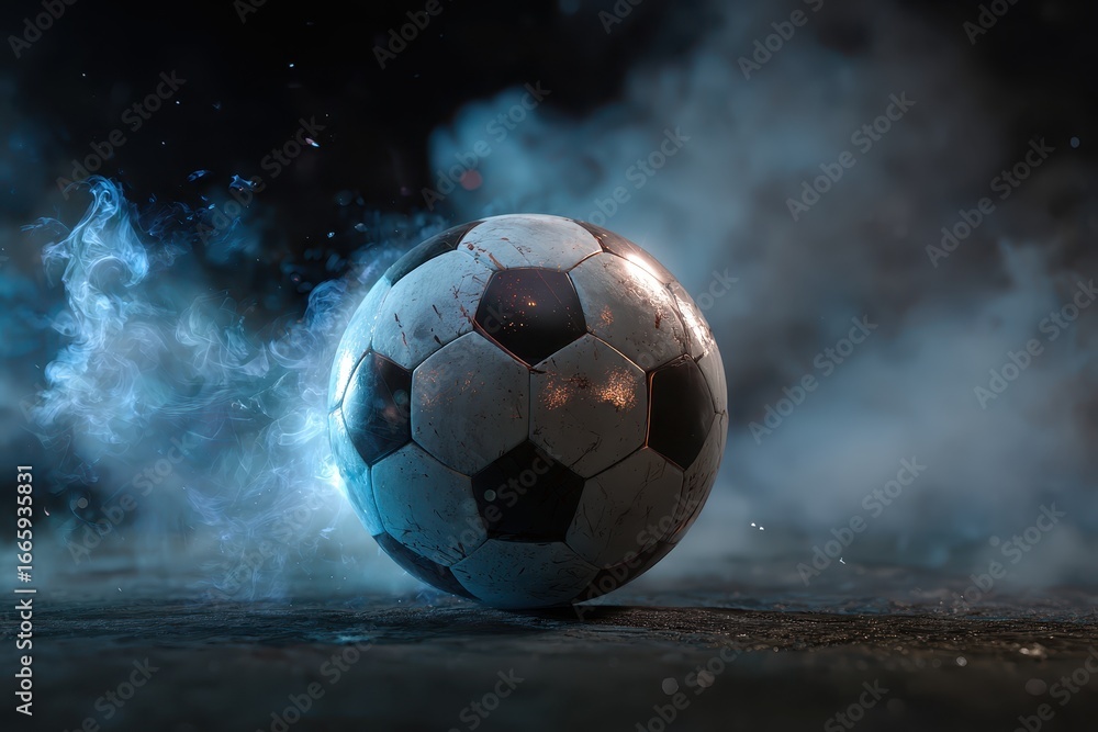 Fototapeta premium Realistic soccer ball on a clean minimalistic background with smoky effects creating a dynamic and energetic atmosphere