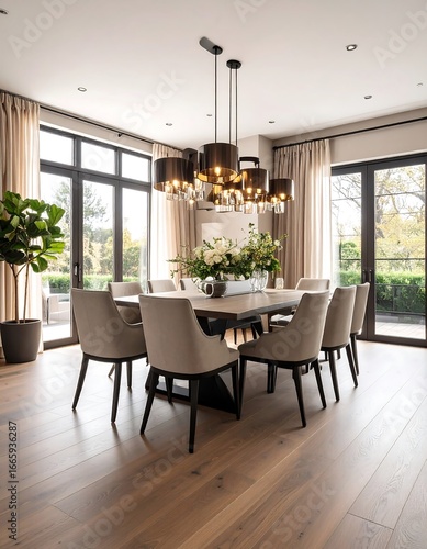 Modern dining room with large windows