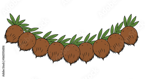 Artistic coconut arrangement with green leaves forming a decorative crescent shape tropical nature design