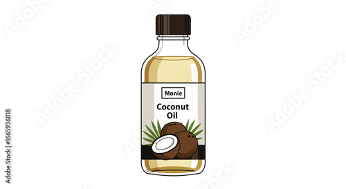 Bottle of Monie coconut oil showcasing tropical fruit extract in a clear container for natural beauty and health