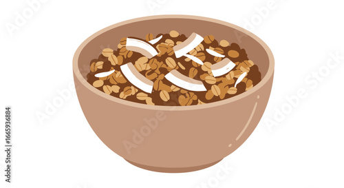 Bowl of granola with coconut flakes offers a healthy breakfast option, a nutritious start to the day, or a wholesome snack choice