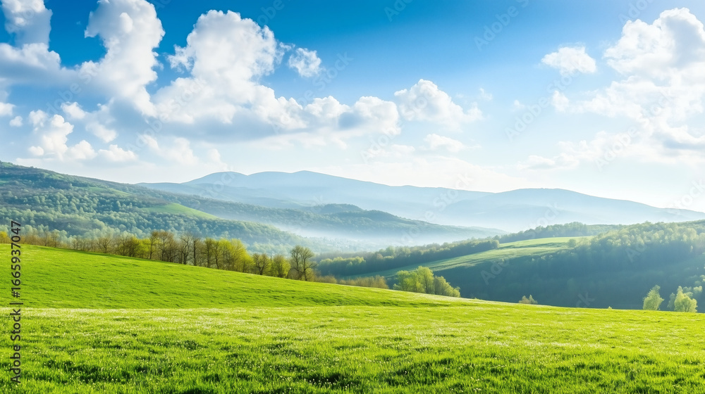 Fototapeta premium Sunny meadow with green hills and mountains in background, representing fresh air, relaxation, and natural tranquility.