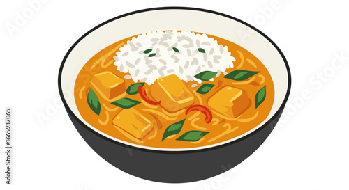 Delicious bowl of thai red curry with tofu, rice, basil and red chili peppers in a black and white bowl, enticing food illustration