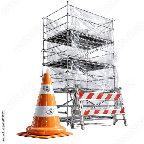 Construction site with scaffolding and barriers.
