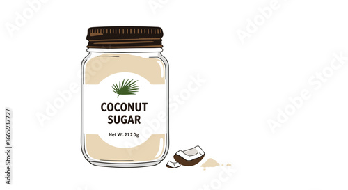 Illustration of a glass jar filled with coconut sugar, next to a coconut piece on a white background, showcasing healthy food and natural sweetener
