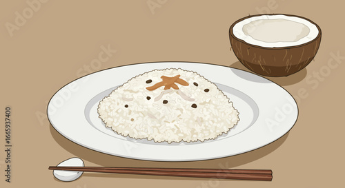 Illustration of coconut rice served on a plate with chopsticks and a coconut bowl, creating a simple Asian food scene