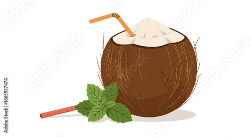 Refreshing coconut drink illustration with straw and mint leaves for tropical vibes and healthy lifestyle