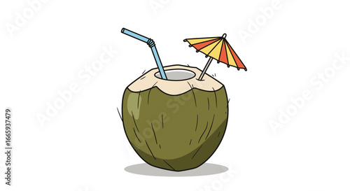 Refreshing coconut drink with straw and umbrella, a tropical treat for summer vibes and vacation relaxation