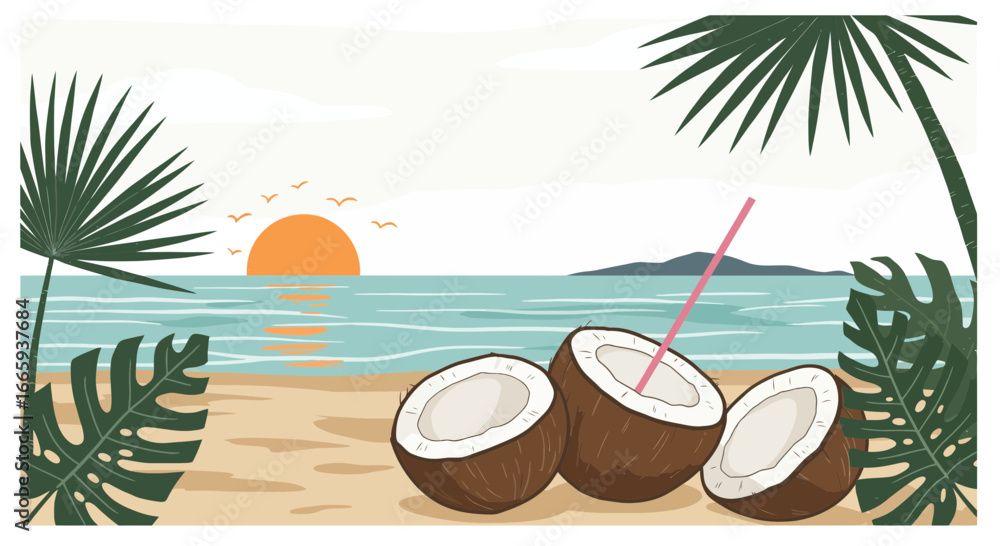 Obraz premium Tropical beach scenery with coconuts, palm trees, and a vibrant sunset, perfect for summer vacation vibes