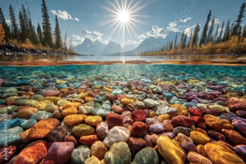Vibrant lake bed with colorful rocks, sunlit mountains in background