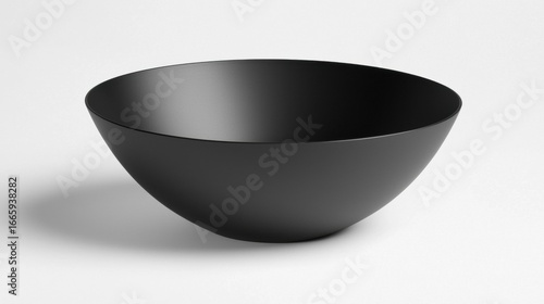 A black bowl with a smooth surface and a slightly curved shape.