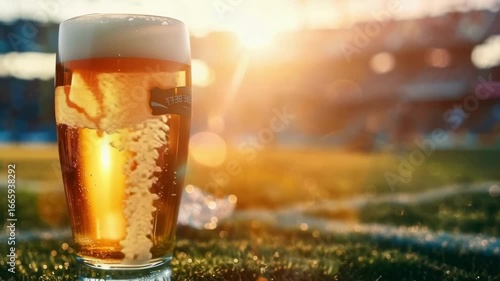 a glass of beer on the background of a football field. Selective focus