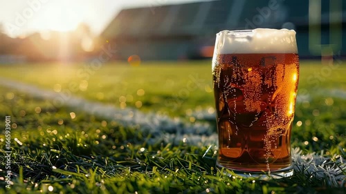 a glass of beer on the background of a football field. Selective focus