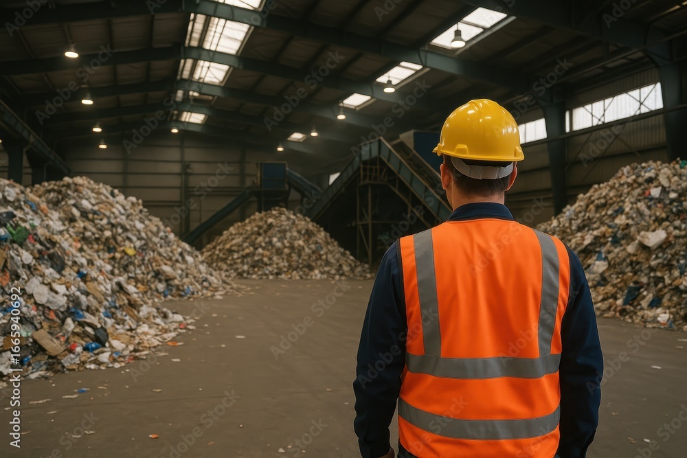 Naklejka premium Recycling supervisor: A focused supervisor surveys a colossal recycling center, evaluating mountains of waste, ensuring effective processing for environmental sustainability.