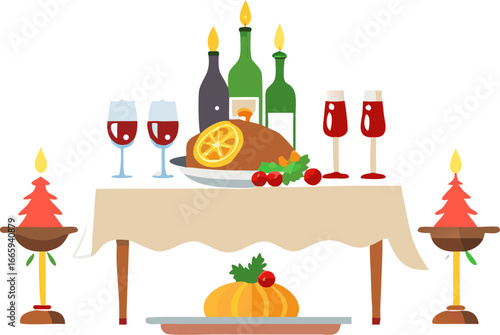 Festive christmas dinner table with turkey wine and candles isolated on white background isolated on transparent background