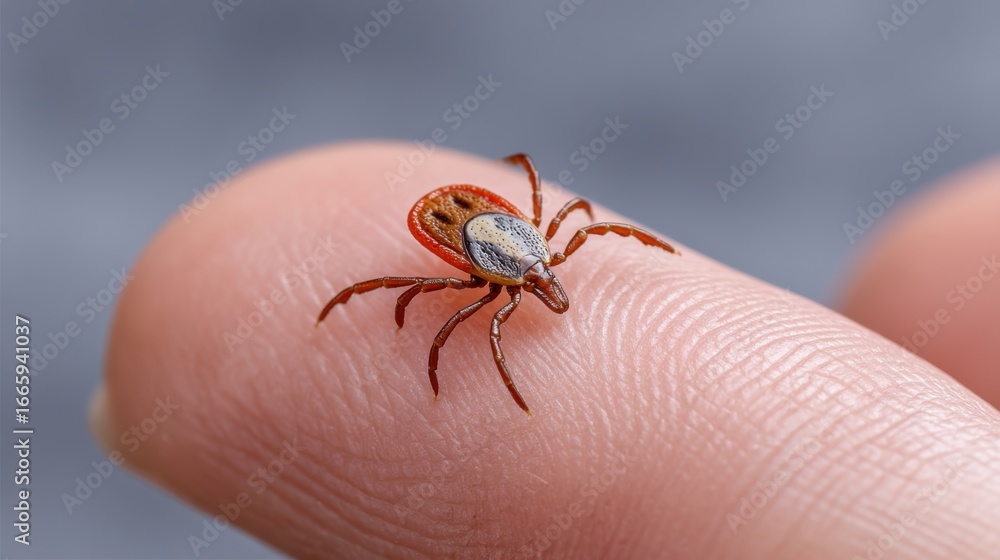 Obraz premium Close-up of a tick on human skin, visible mite, risk of Lyme disease.