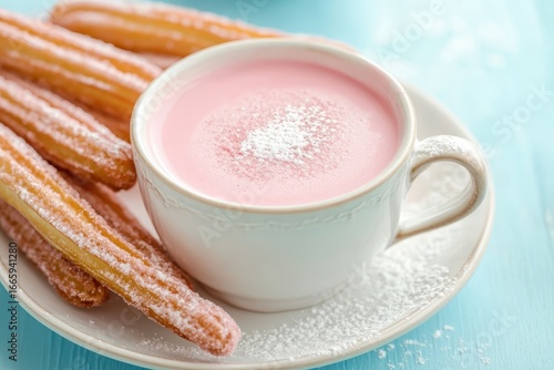 Pink churros with a white ceramic cup of pink hot chocolate on a blue table