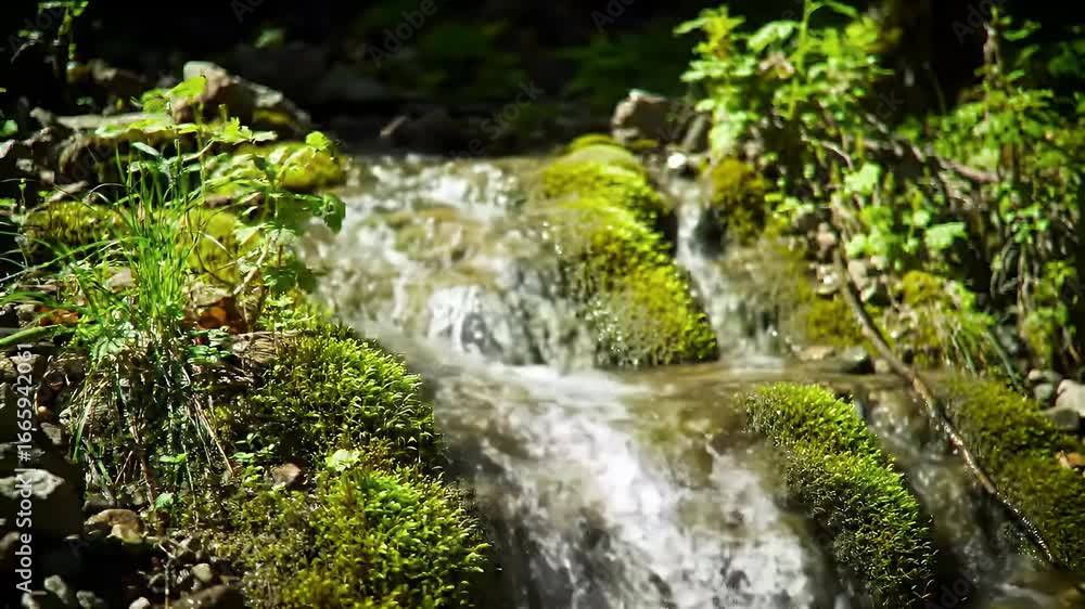 A small, cascading stream flows over moss-covered rocks in a lush, green forest environment, creating a peaceful and natural scene. A small, cascading stream flows over moss-covered rocks in a lush, green forest environment, creating a peaceful and natural scene.